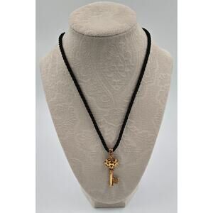 Gold Toned Key on a Black Fabric Cord Fashion Necklace